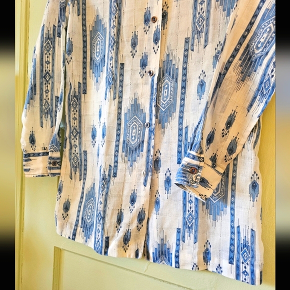 Vintage 70s Navajo Aztec print western blue white button up cowgirl rideo shirt - Picture 6 of 11